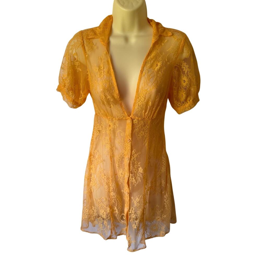 Urban Outfitters Yellow Floral Lace Sheer Button Dress